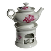 Tisanière et réchaud complet en porcelaine à décor floral rose H18