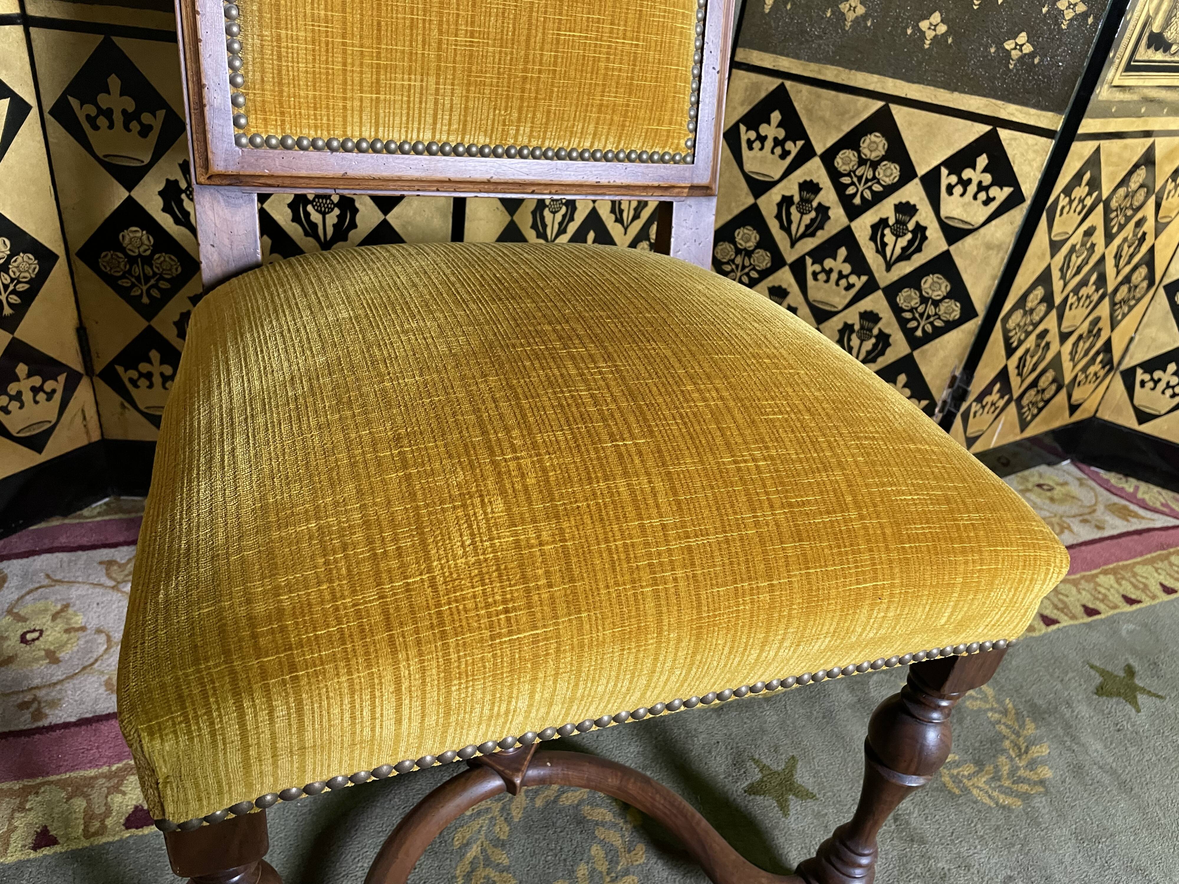 Suite of 6 chairs walnut and yellow velvet louis XIV style