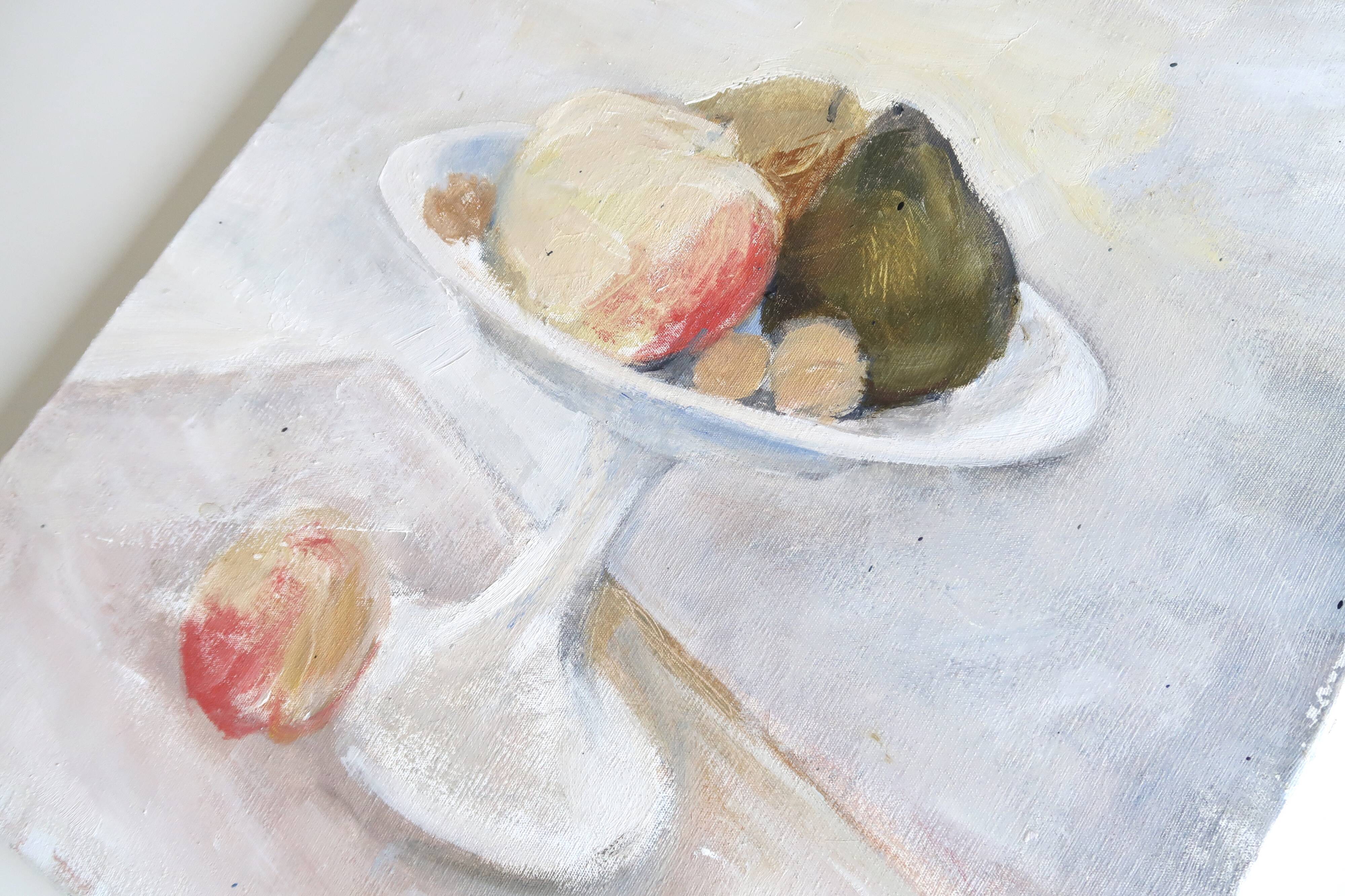 Peinture à l'huile, nature morte, fruits et compotier, années 70