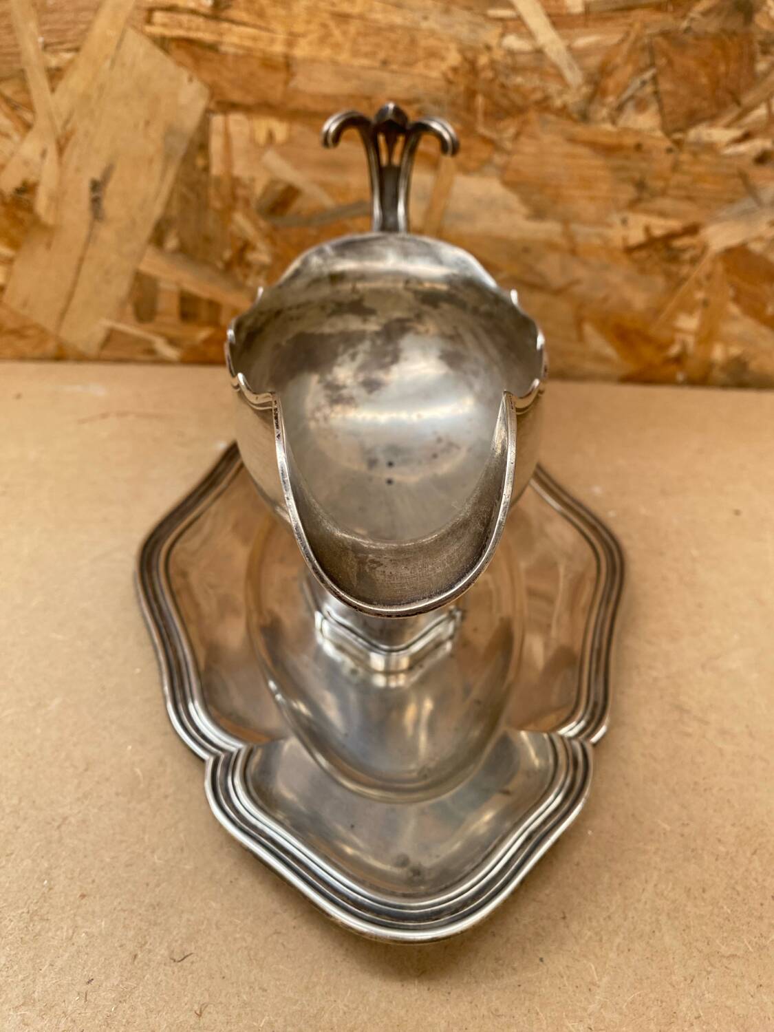 Antique silver metal gravy boat vintage kitchen utensil