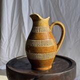 Vintage yellow stoneware carafe with beaded friezes Made in France H22