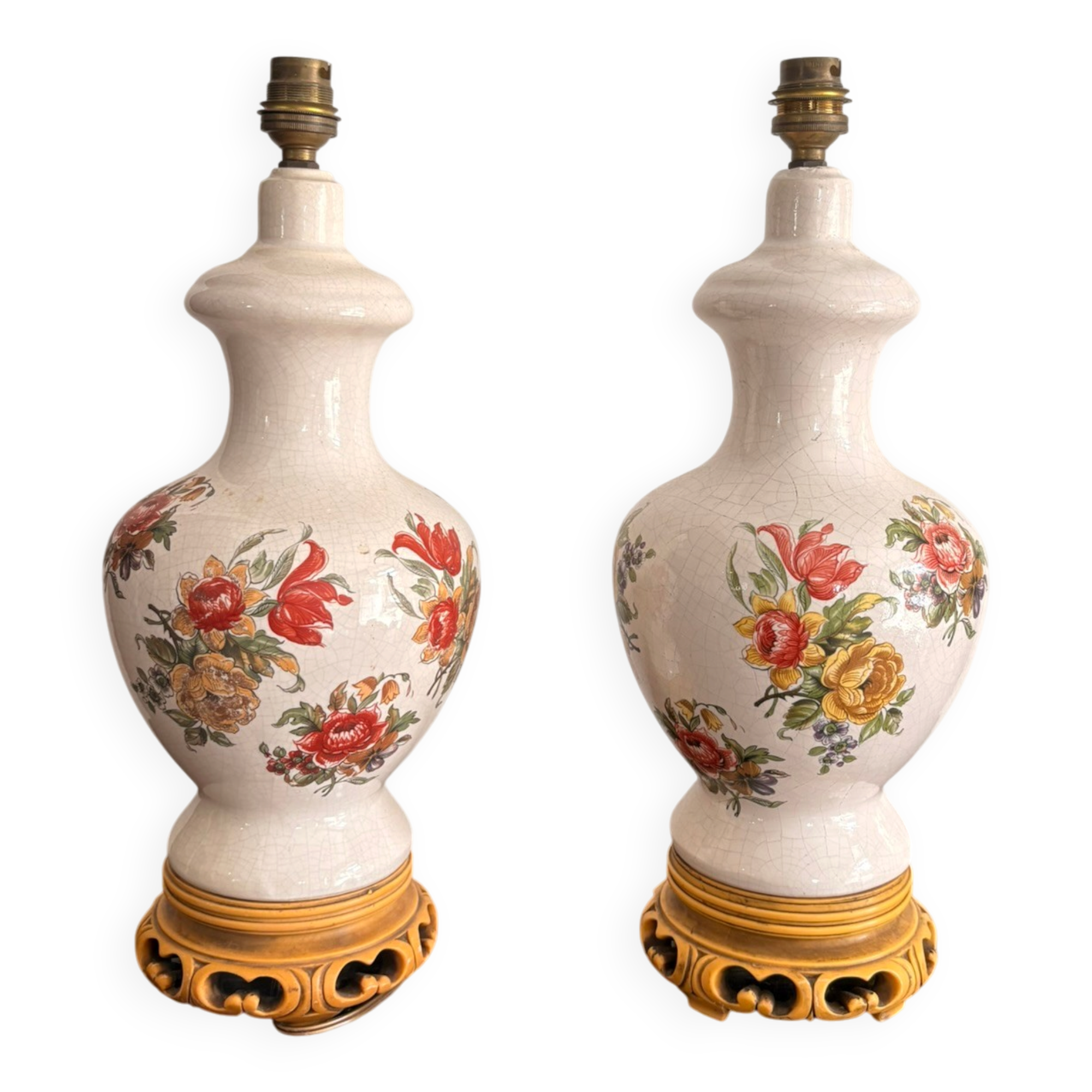 Antique Pair of Ceramic Floral Bulbous Lamps Shabby Chic