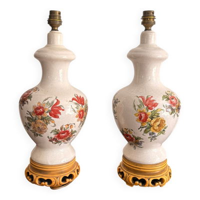 Ancien paire de lampes balustres en céramique florale