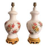 Antique Pair of Ceramic Floral Bulbous Lamps Shabby Chic