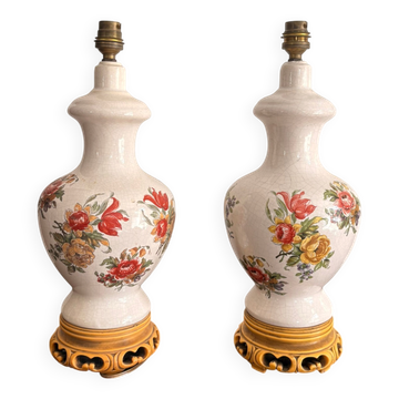 Antique Pair of Ceramic Floral Bulbous Lamps Shabby Chic