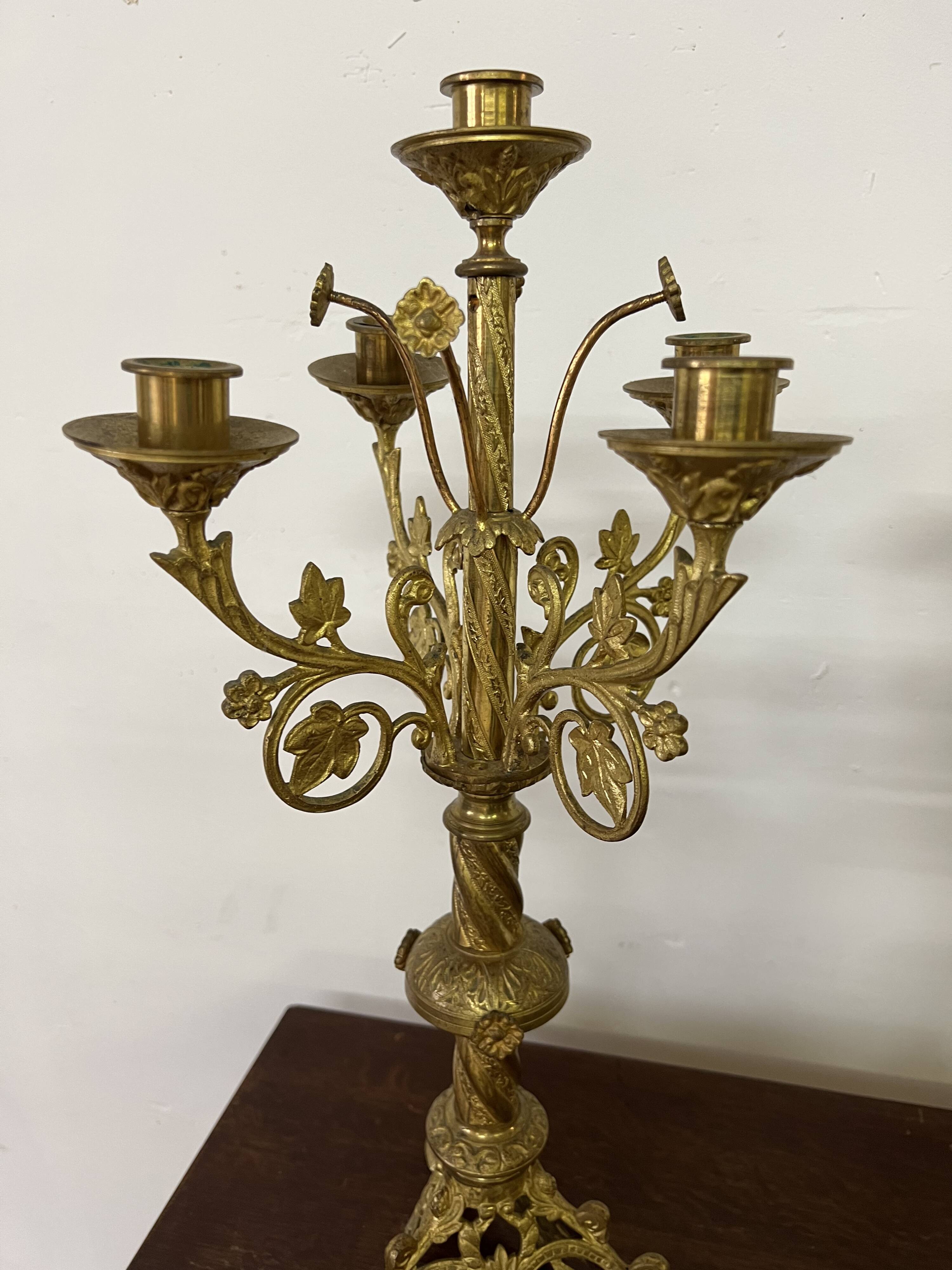 Pair of old altar candelabras in gilded brass from the 19th century