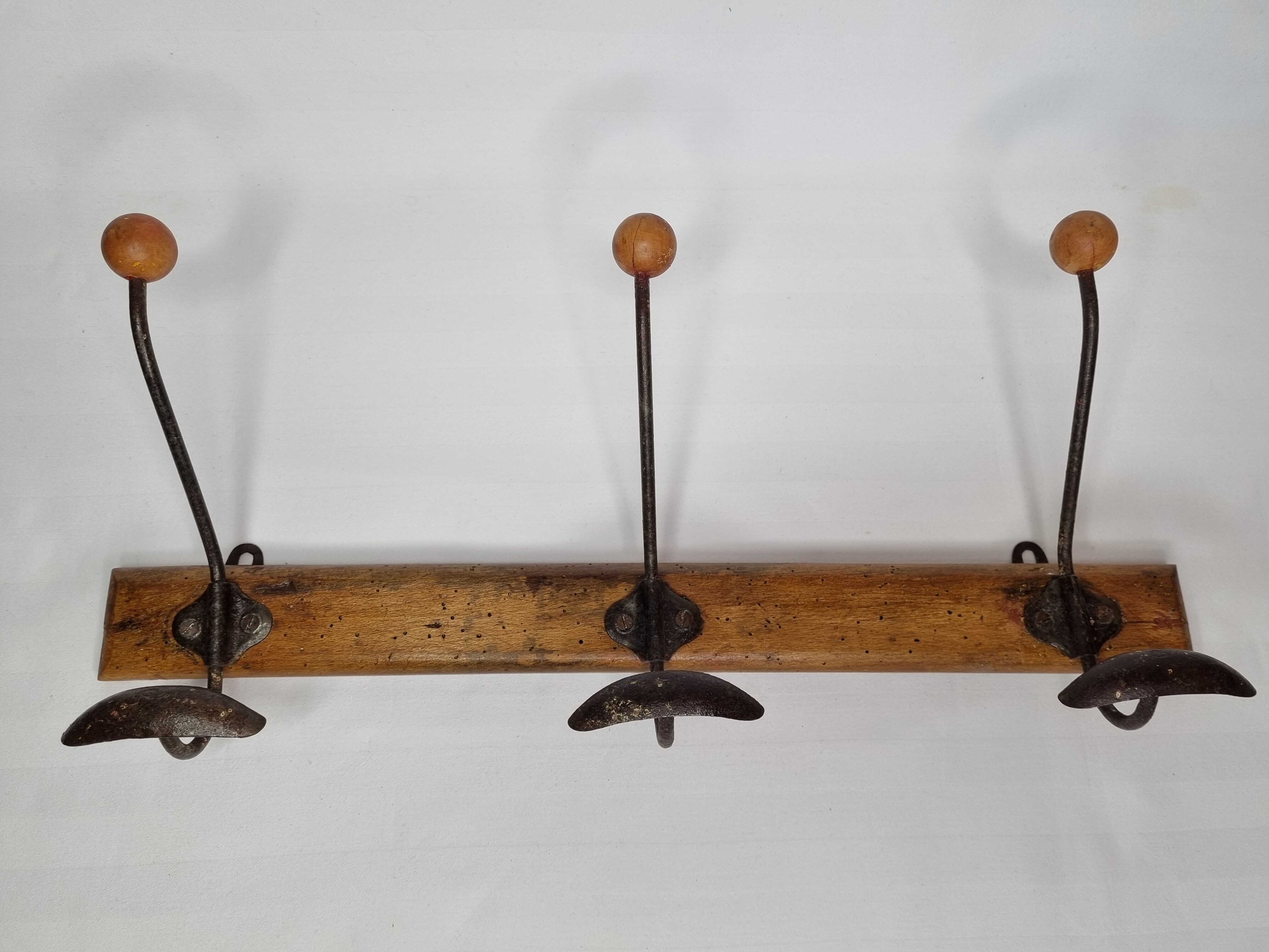 Old wall coat rack "bistrot" 1900, three hooks, 50 cm