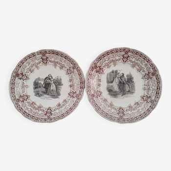 Set of 2 talking plates 19th century Sarreguemines brand to the crown U&C