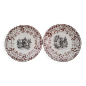 Lot de 2 assiettes parlantes 19e siècle Sarreguemines marque à la couronne U&C