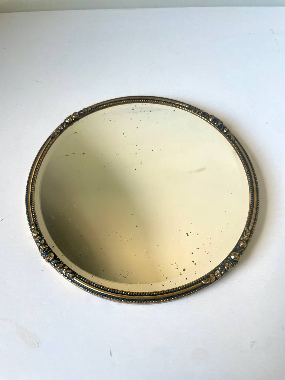 Antique Beveled Mirror with Metal frame Gold colored brass 14 cm diameter
