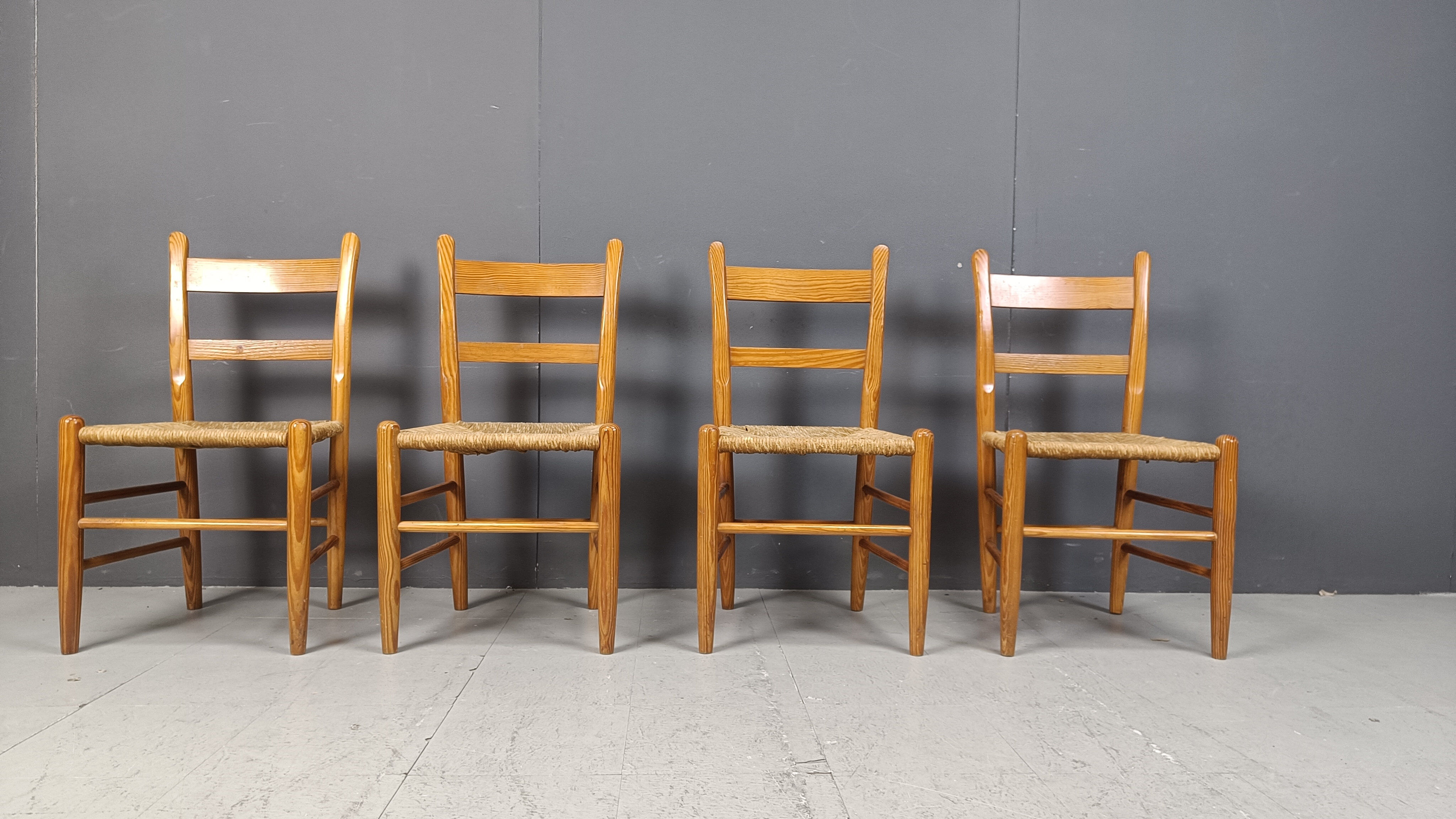 Mid-century oak and wicker dining chairs, set of 4 - 1970s