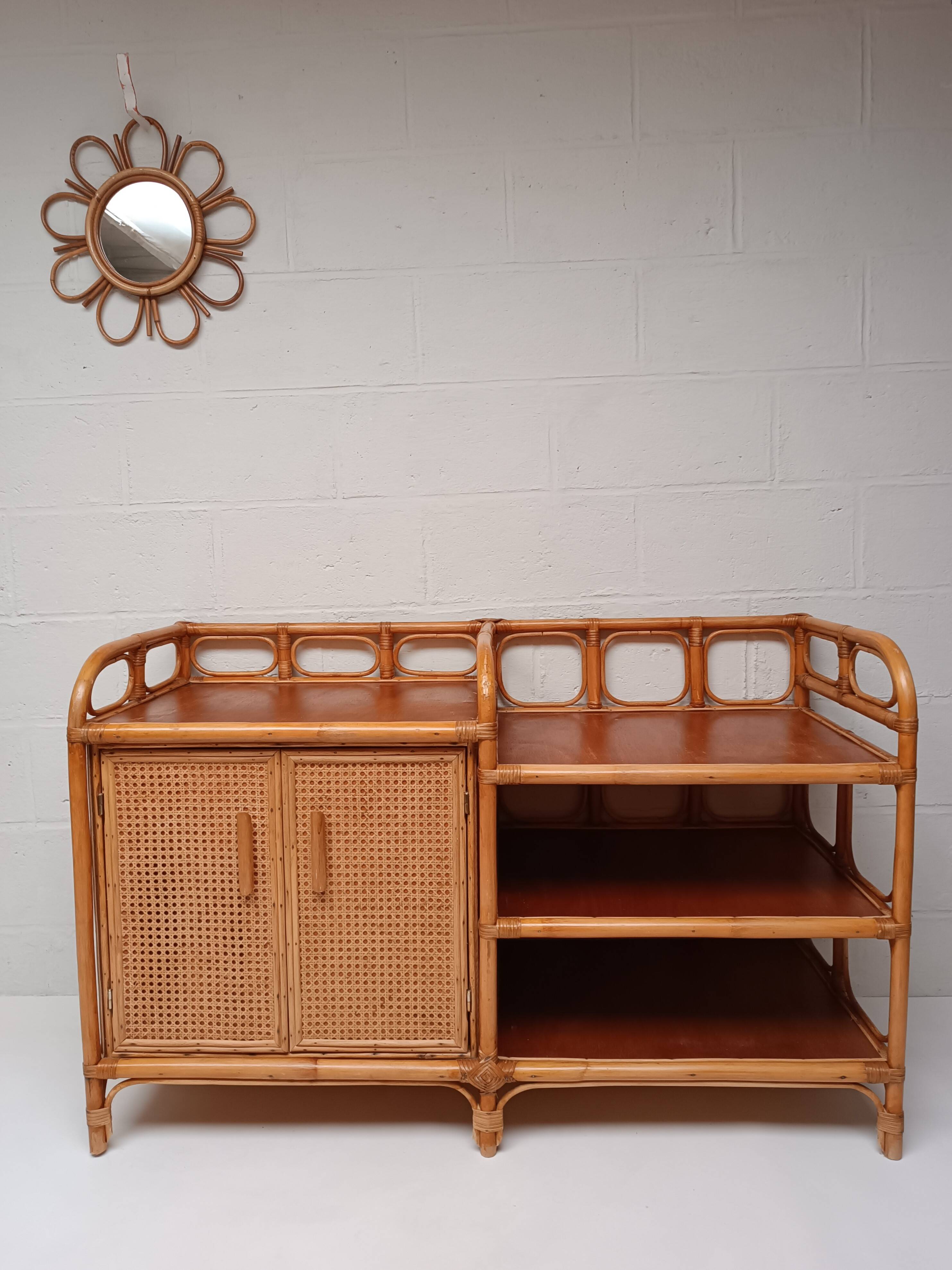 Vintage cane rattan and wood sideboard