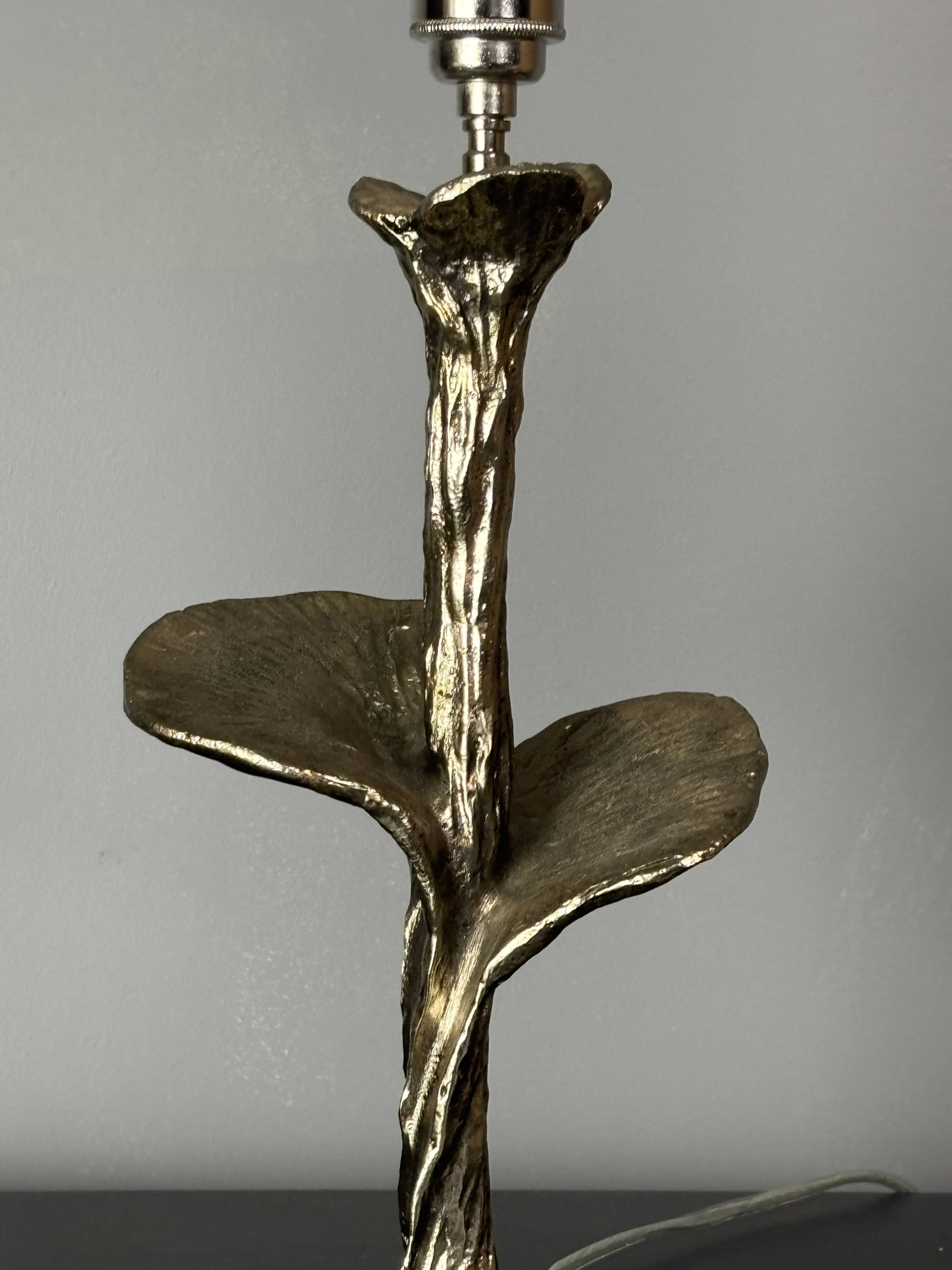 Solid brass silver custom made flower lamp with cocoon fabric shade, 1970s