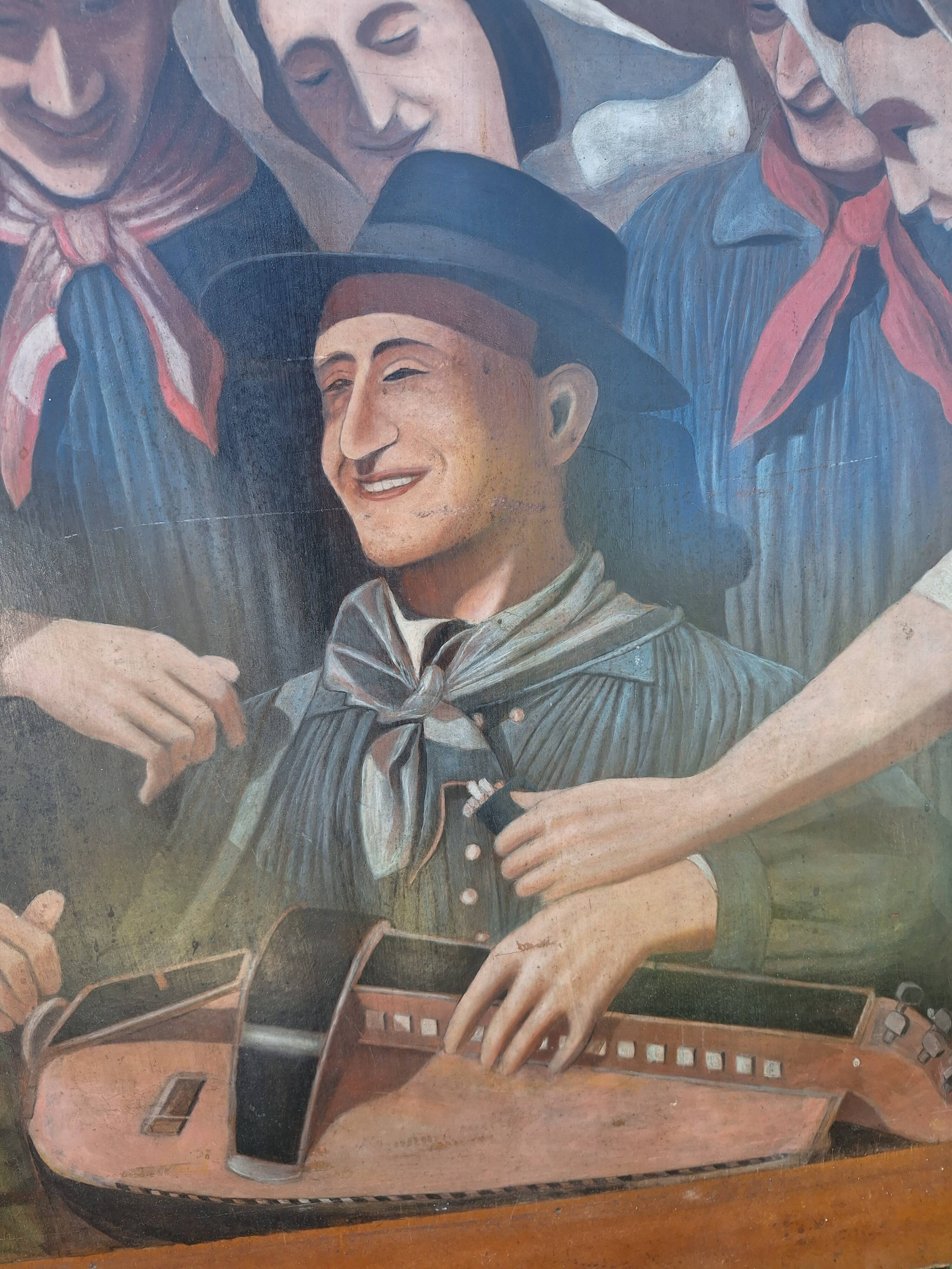Very Large Oil on Panel Hurdy-Gurdy Player Corrèze Auvergne