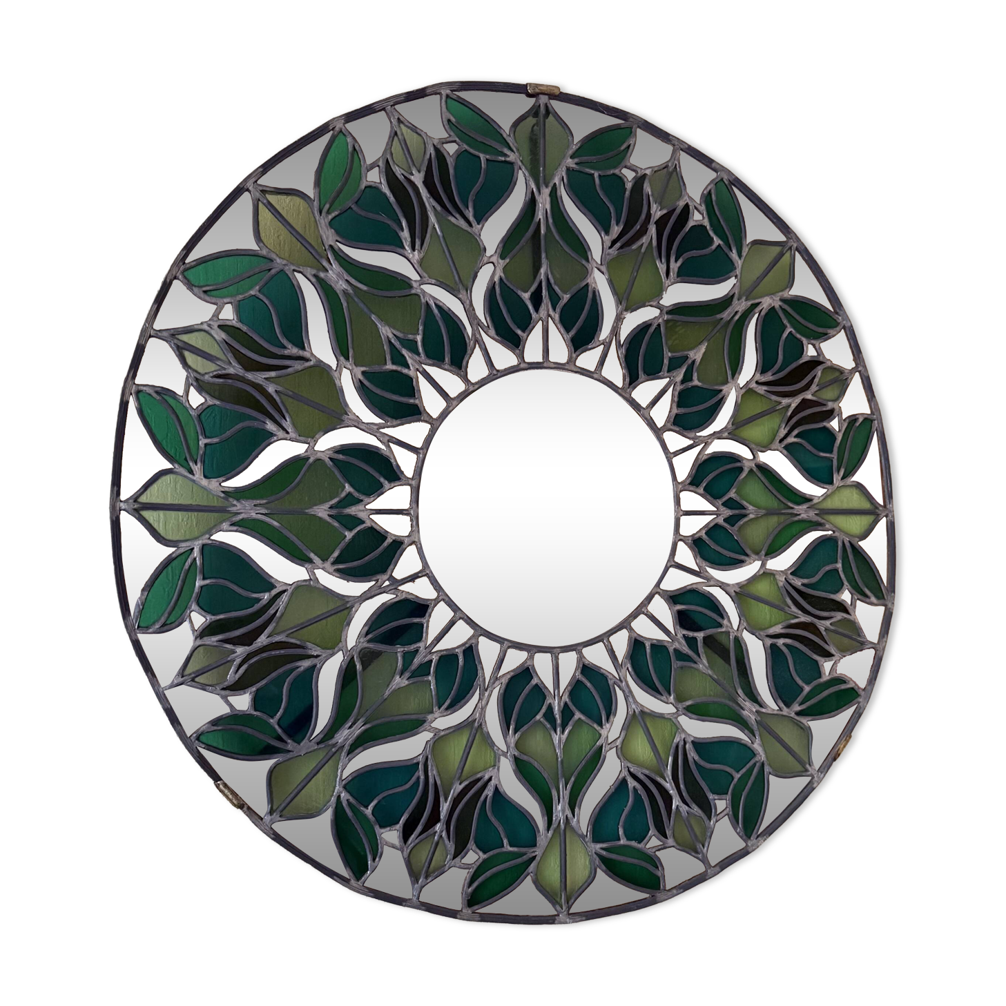 Tiffany stained glass mirror with plant decoration signed B. Nogaro