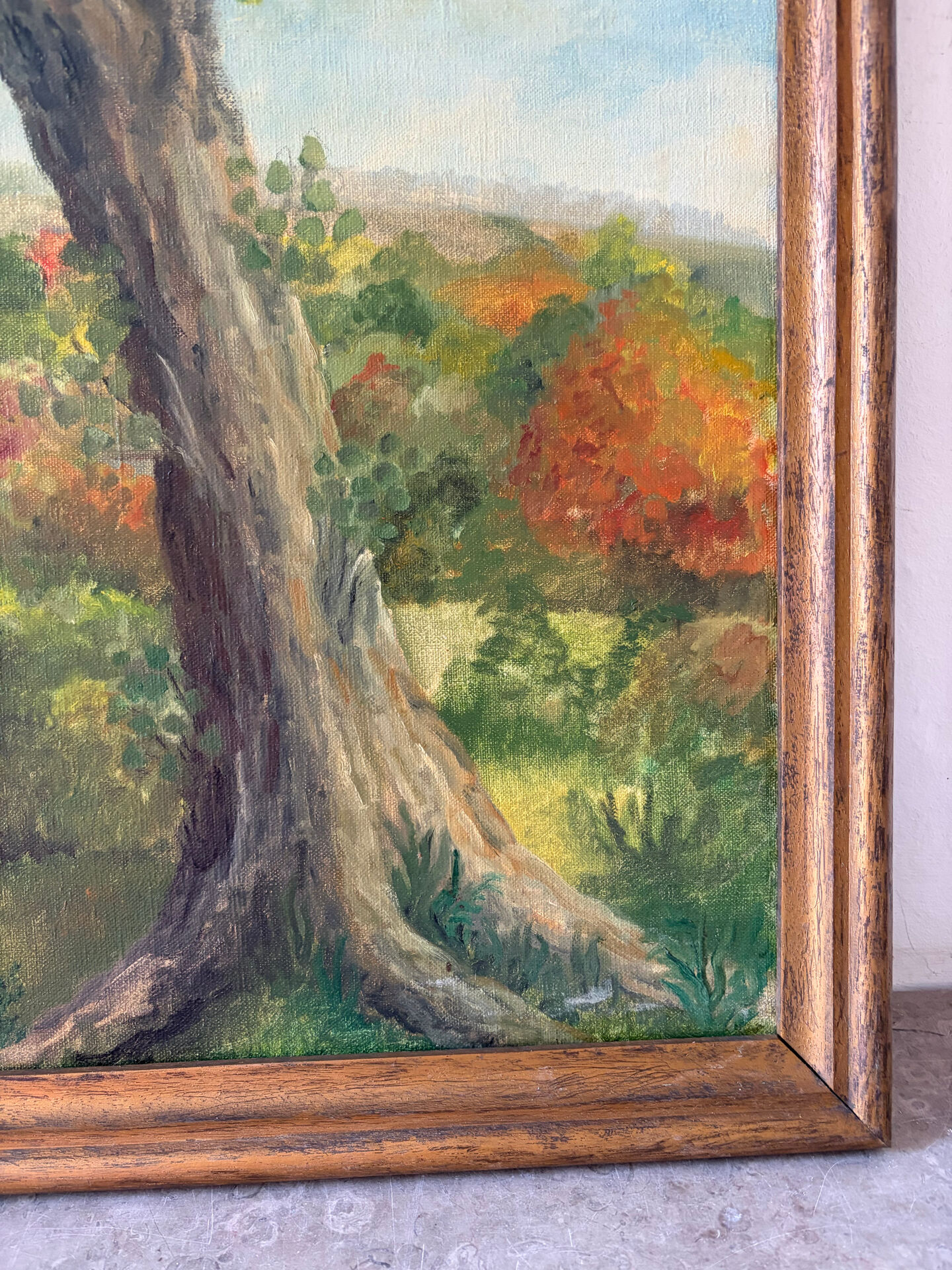 L’arbre des saisons, huile sur toile signé Hildegarde, 1977