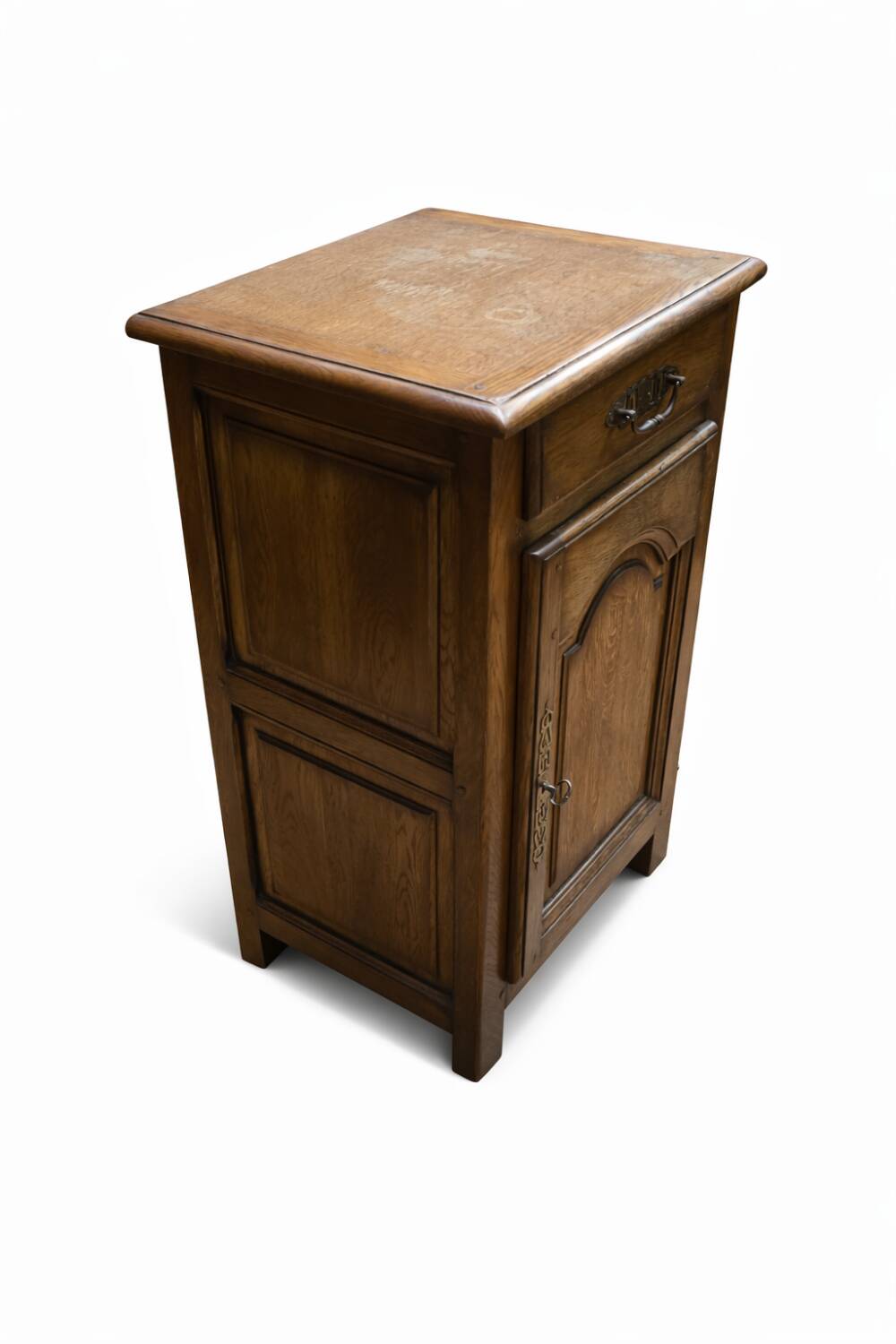Small antique jam cupboard in solid oak, with one door and one drawer.