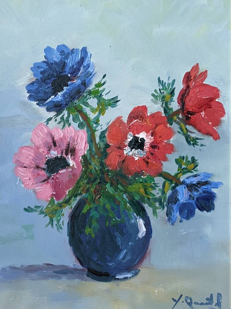 Acrylic painting on canvas, still life, anemones, bohemian countryside