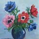 Acrylic painting on canvas, still life, anemones, bohemian countryside