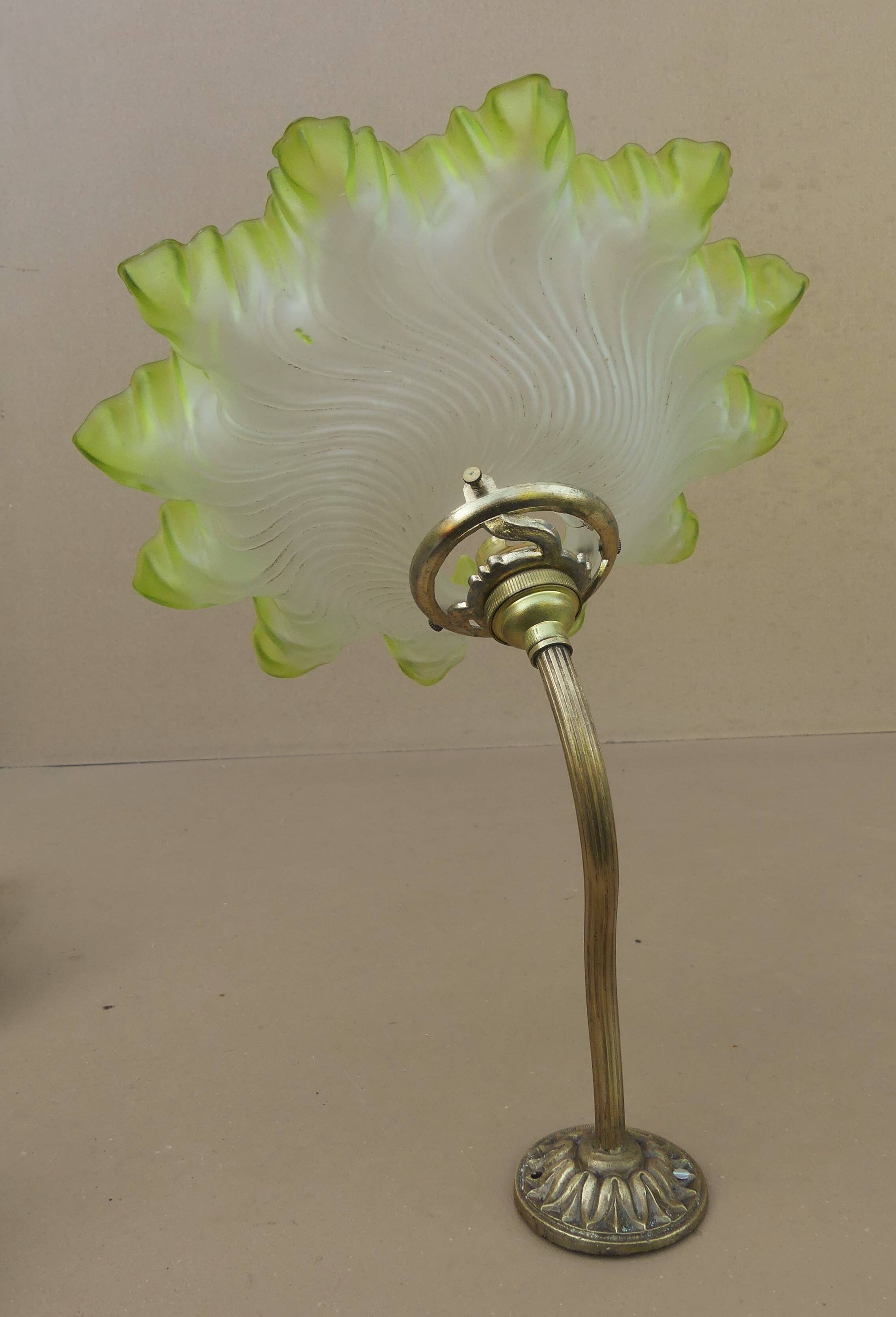 Old BRONZE GOOSENECK wall lamp with wavy yellow green OPALINE lampshade