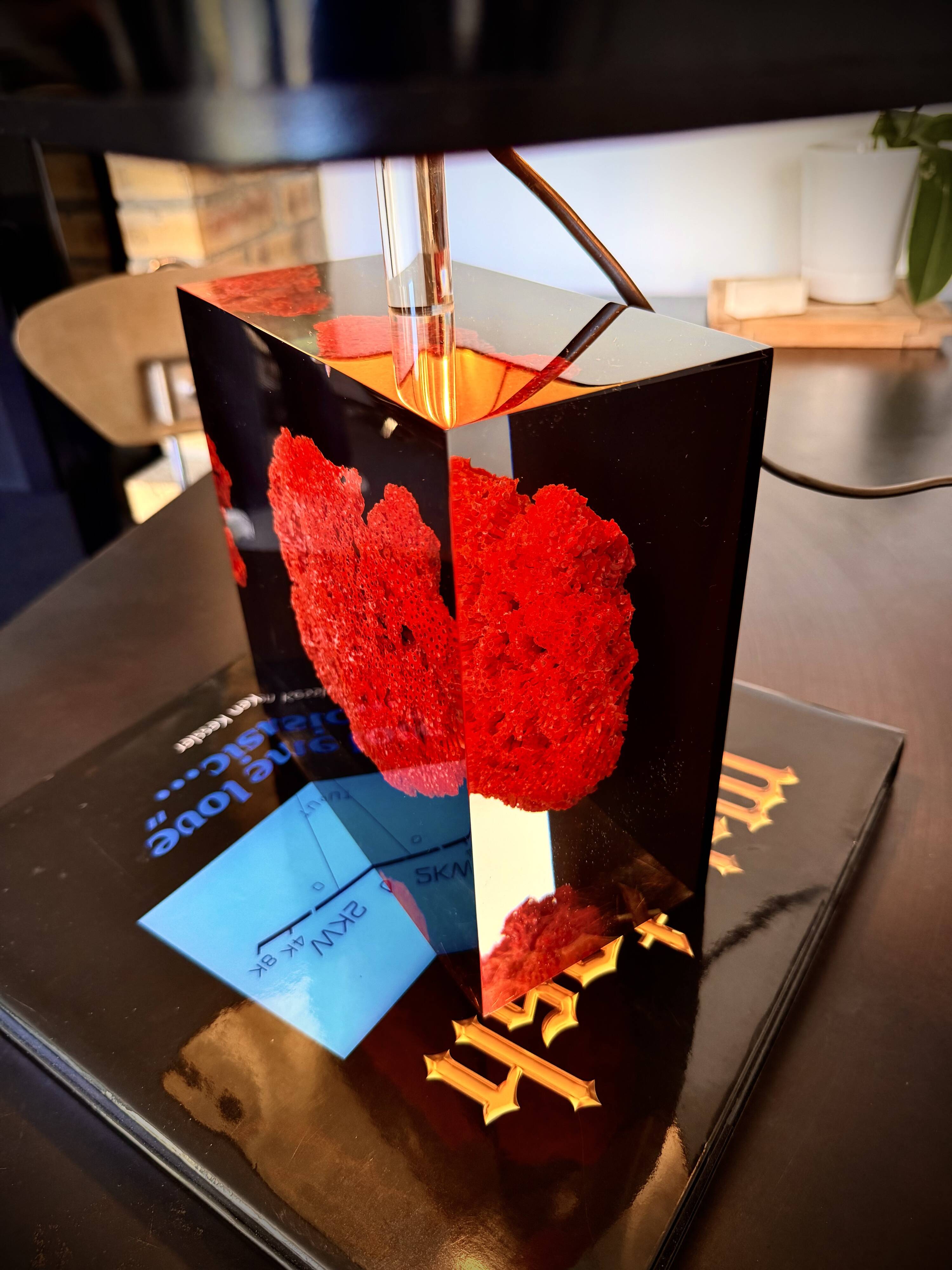 Coral red inclusion lamp by Pierre Giraudon