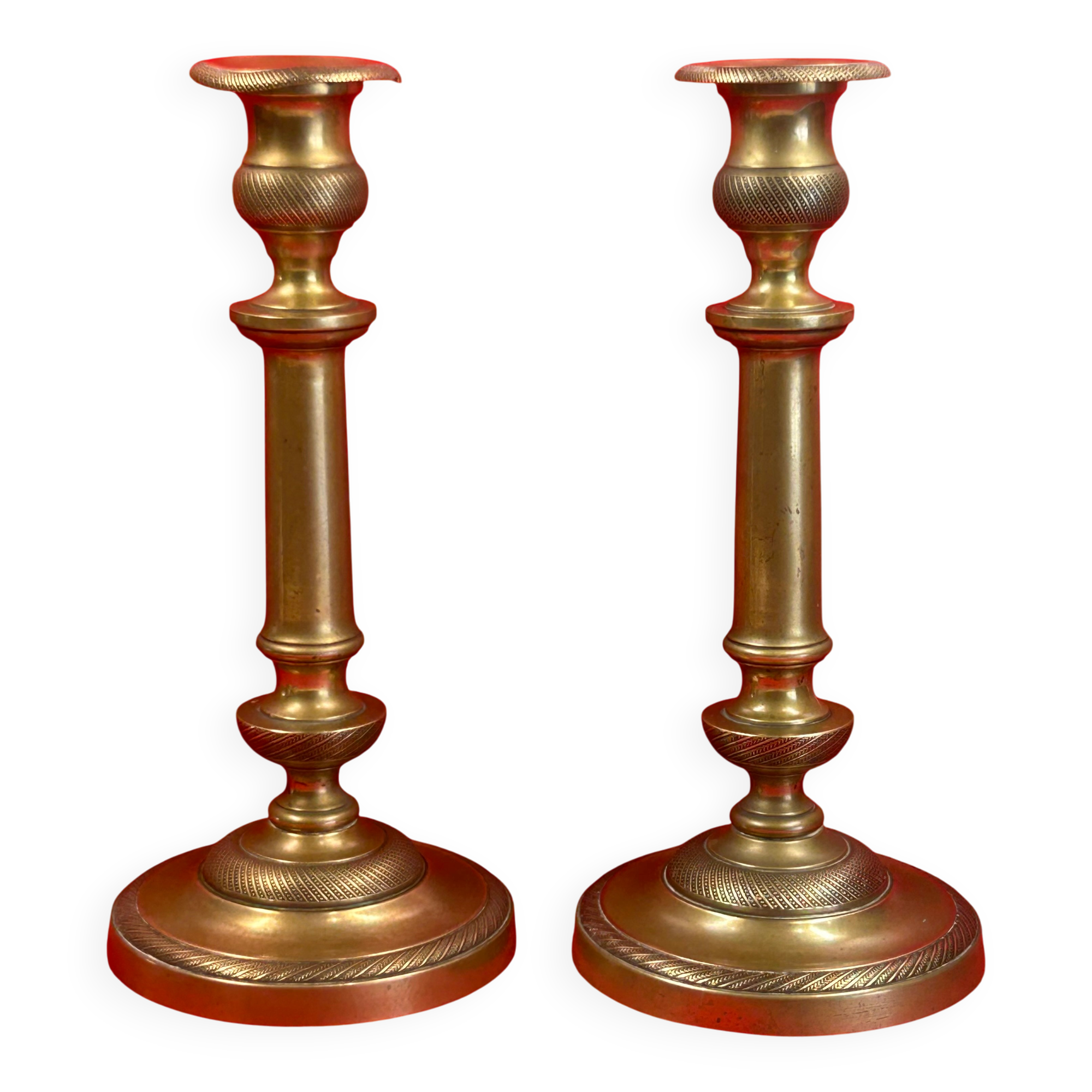Pair of 19th-century restoration candlesticks in guilloché bronze - H 27 cm