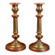 Pair of 19th-century restoration candlesticks in guilloché bronze - H 27 cm