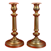 Paire de Bougeoirs restauration 19ème en bronze guilloché - H 27 cm