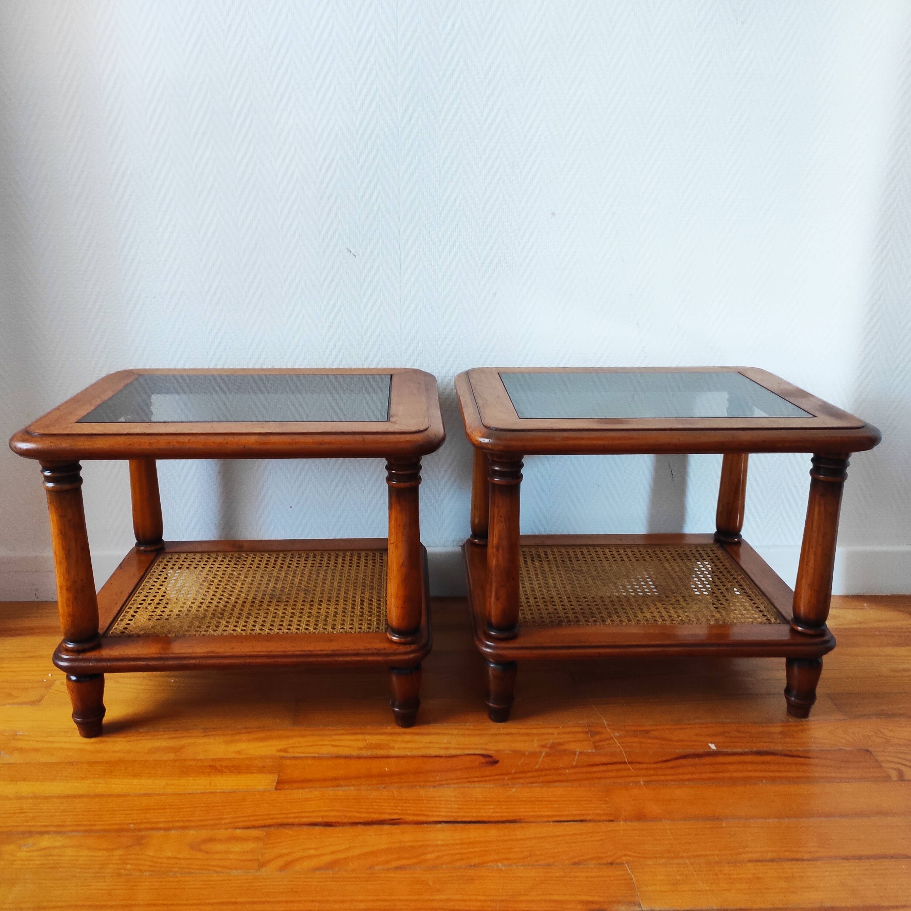 Pair of wooden and cane sofa ends