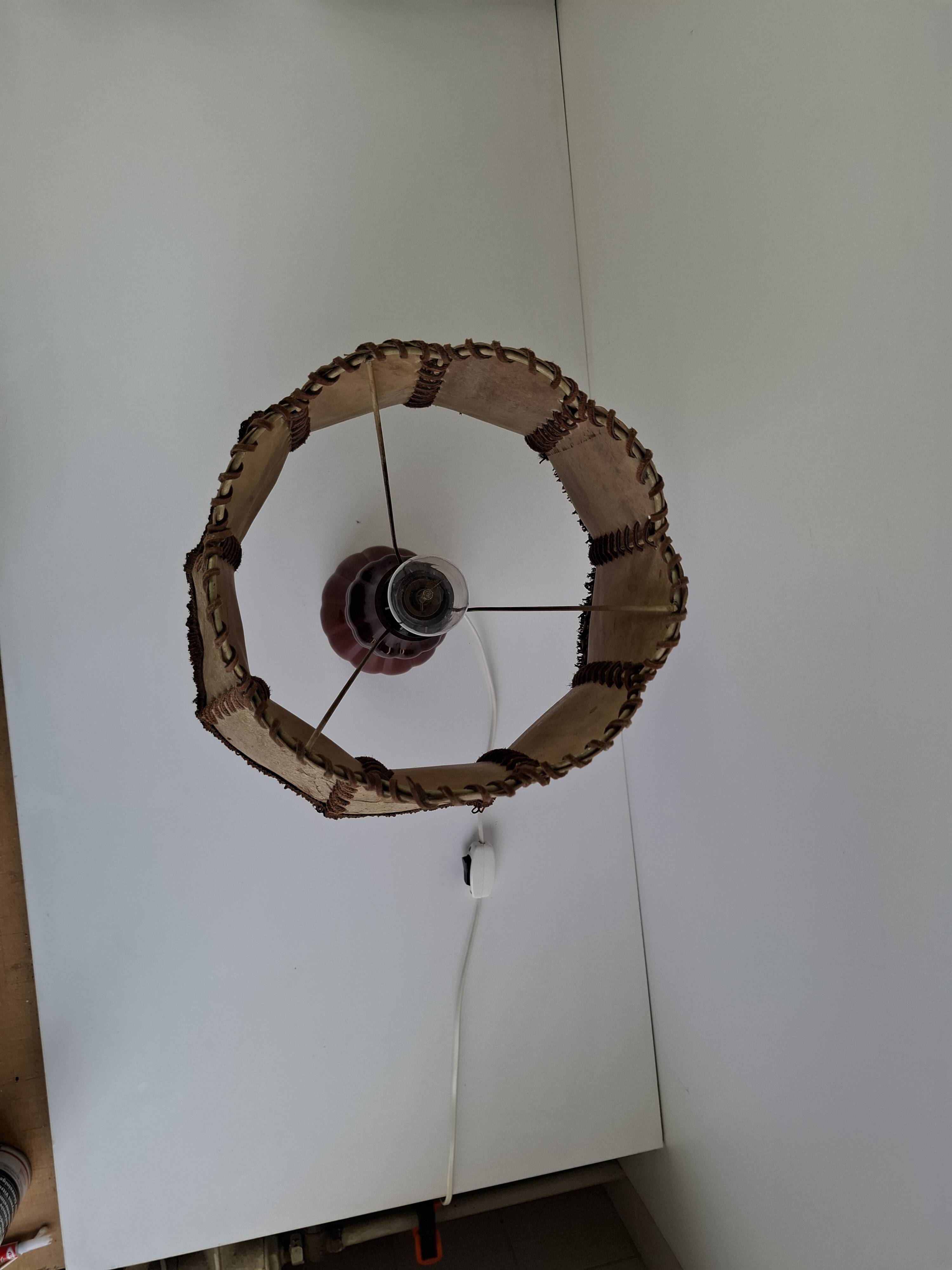 Vintage ceramic table lamp with hand-stitched leather shade, 1980s.