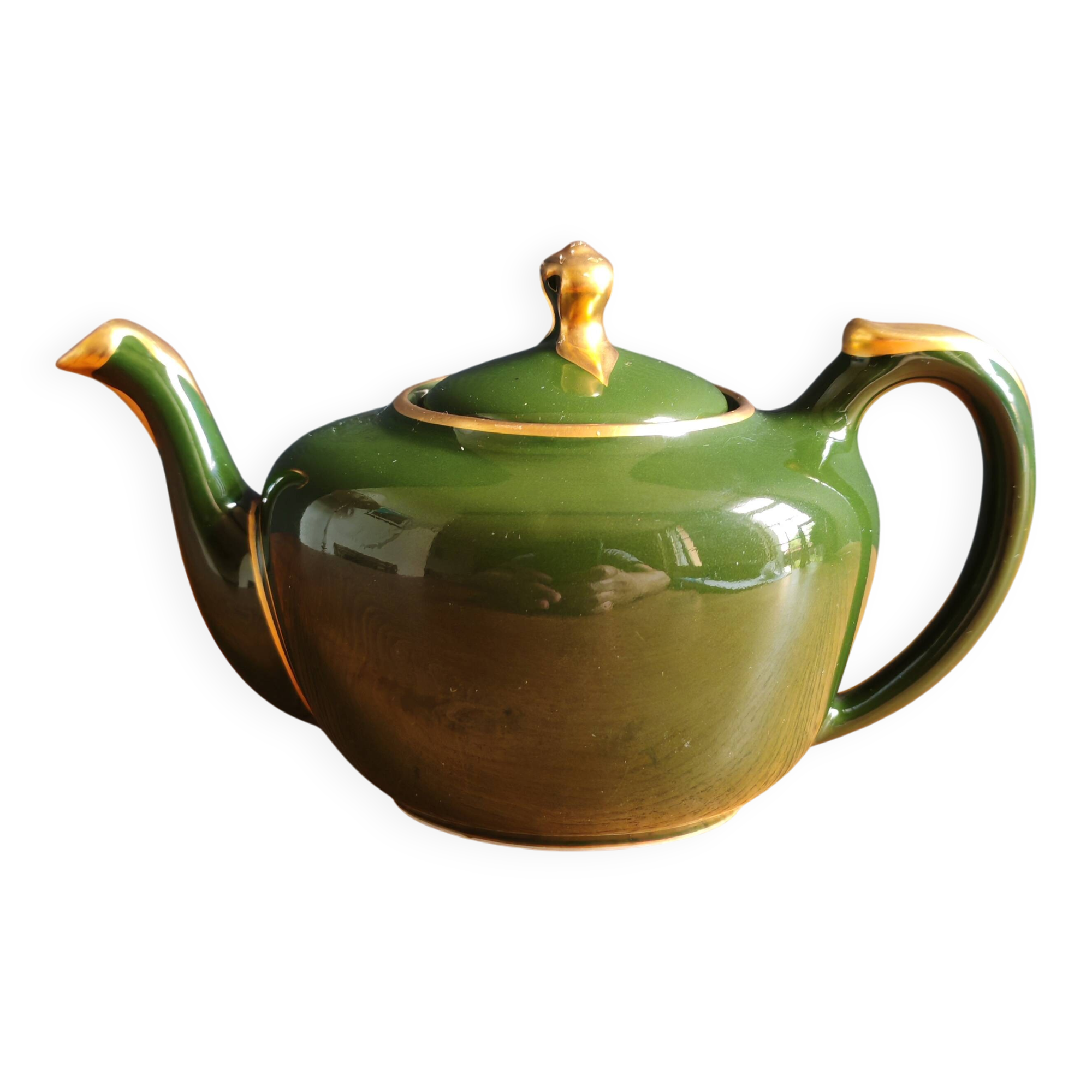 Vintage Teapot Mehun France Numbered, Green and Gold Porcelain
