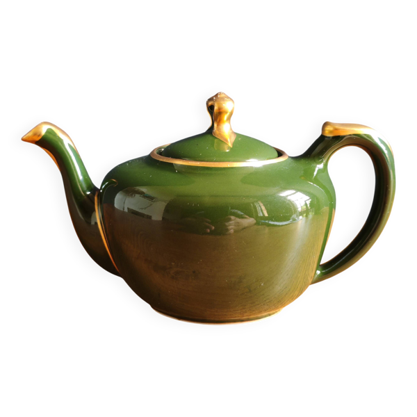 Théière Vintage Mehun France Numérotée, Porcelaine Verte et Or