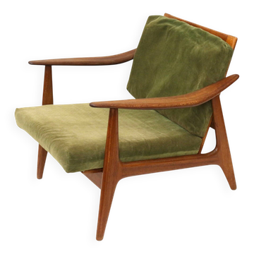 Fauteuil scandinave vintage avec revêtement en velours côtelé vert des années 1970