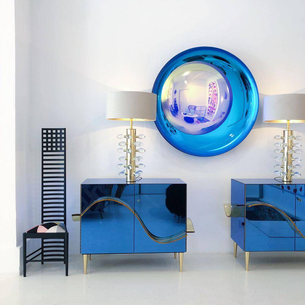 Italian Sideboard Covered In Blue and Orange Murano Mirrored Glass