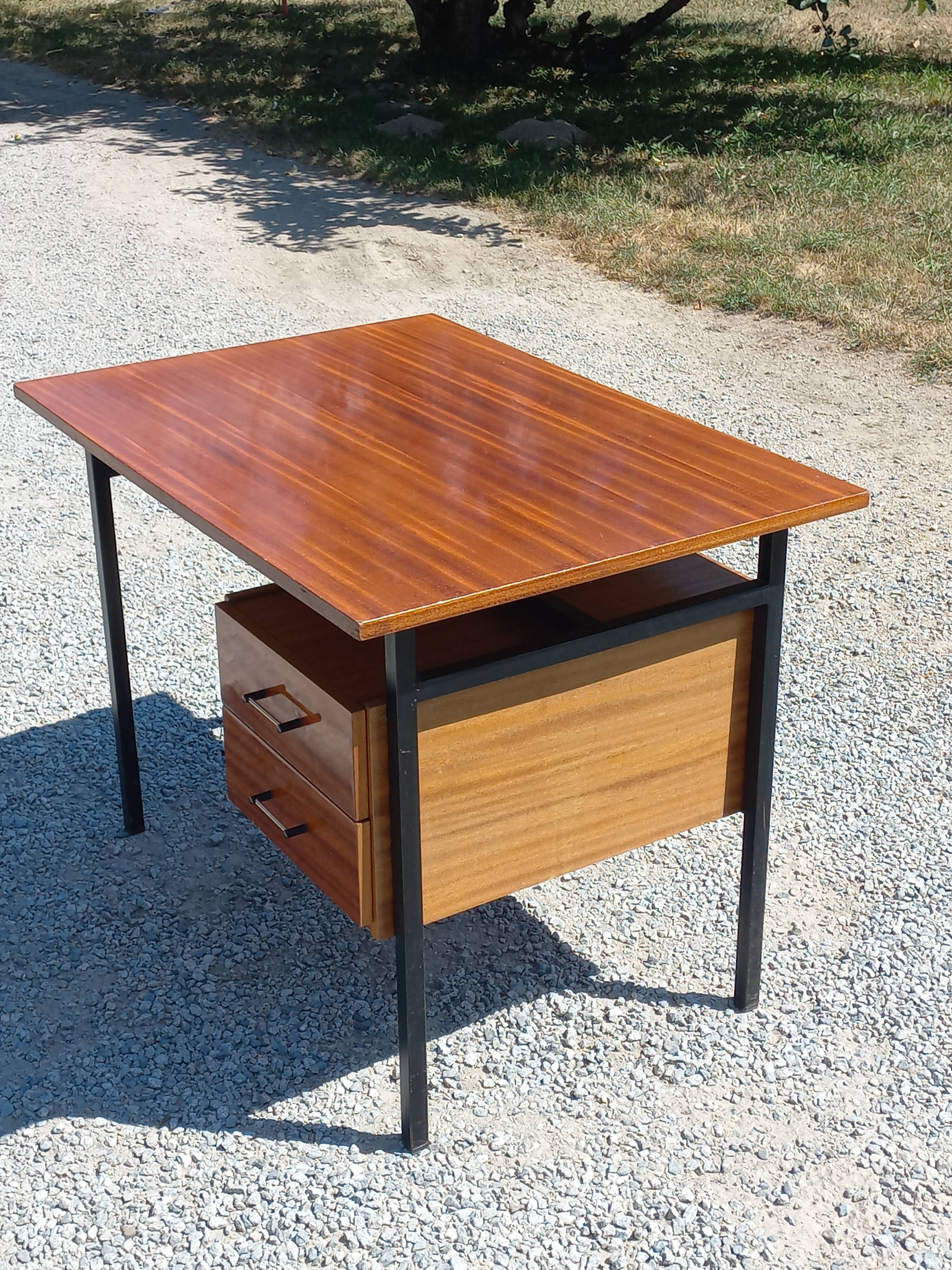 Desk of the 60s in mahogany base metal tubes 2 drawers