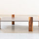 Handcrafted coffee table with ceramic glass top and walnut legs