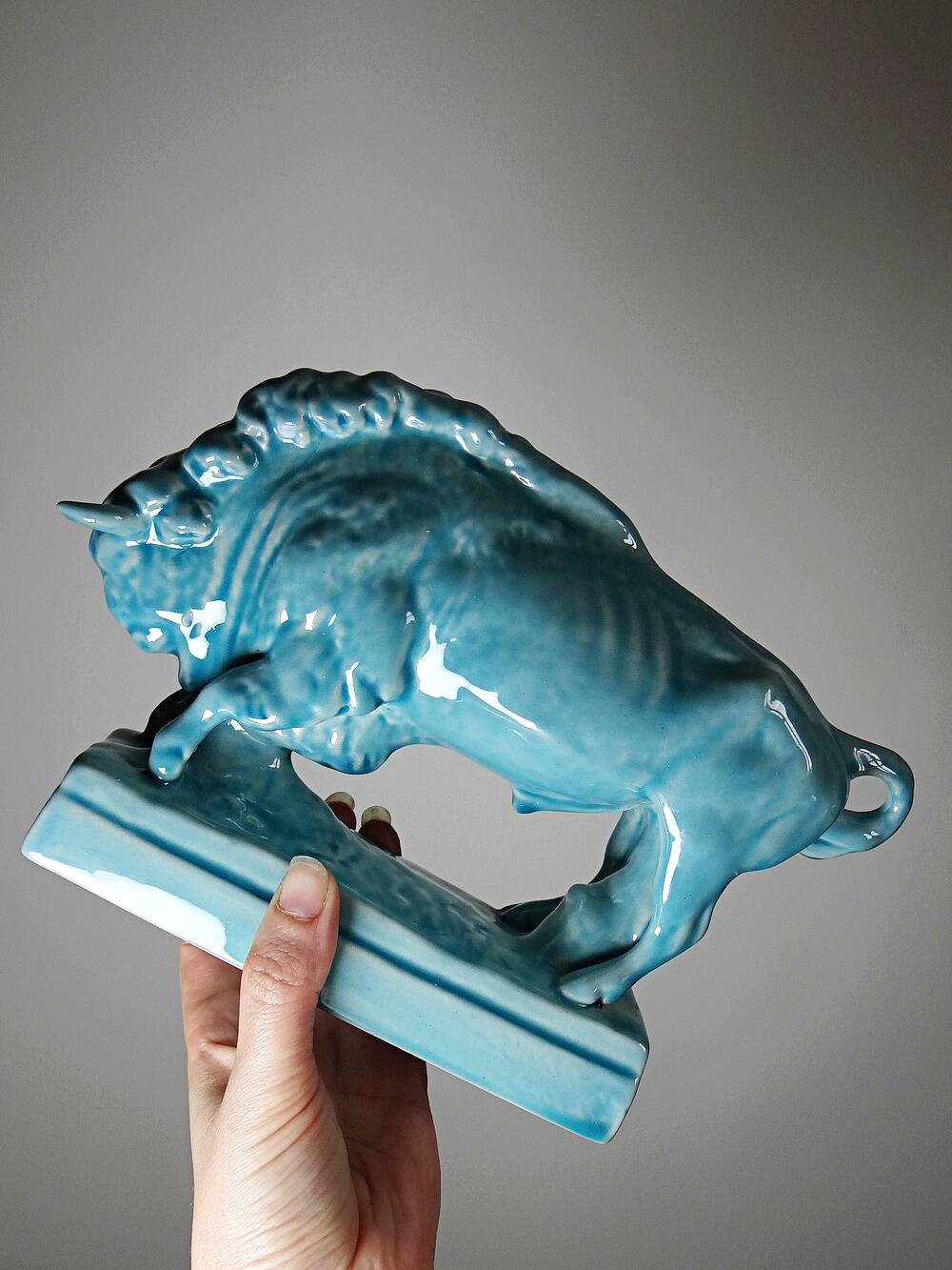 Bison Zsolnay in turquoise glazed earthenware, Hungary, 1940s-50s.