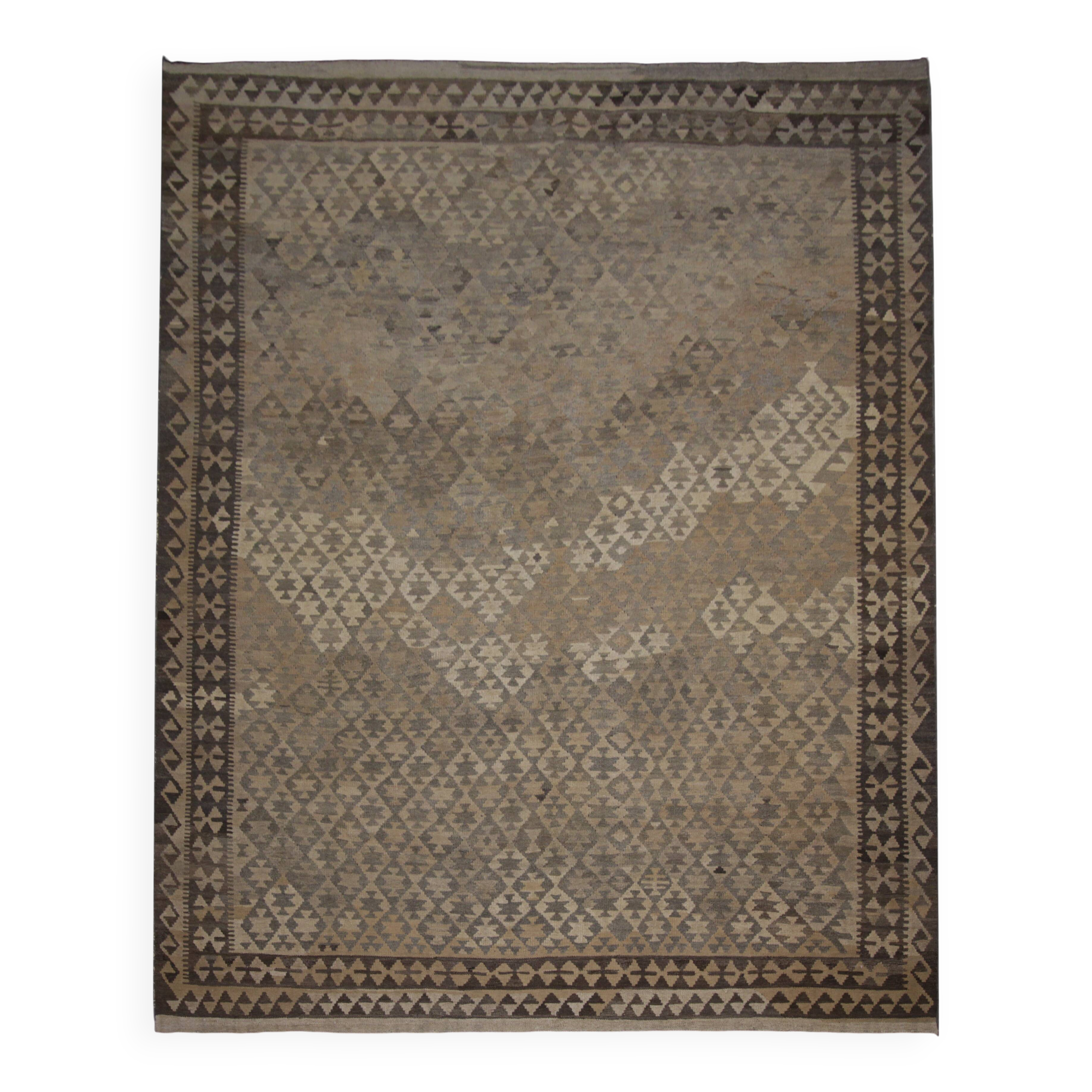 Brown & Khaki Geometric Kilim Rug, Handwoven Wool Carpet 302 x 239 cm