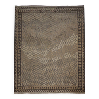 Brown & Khaki Geometric Kilim Rug, Handwoven Wool Carpet 302 x 239 cm