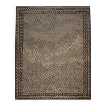 Tapis Kilim géométrique en laine tissée à la main marron et kaki