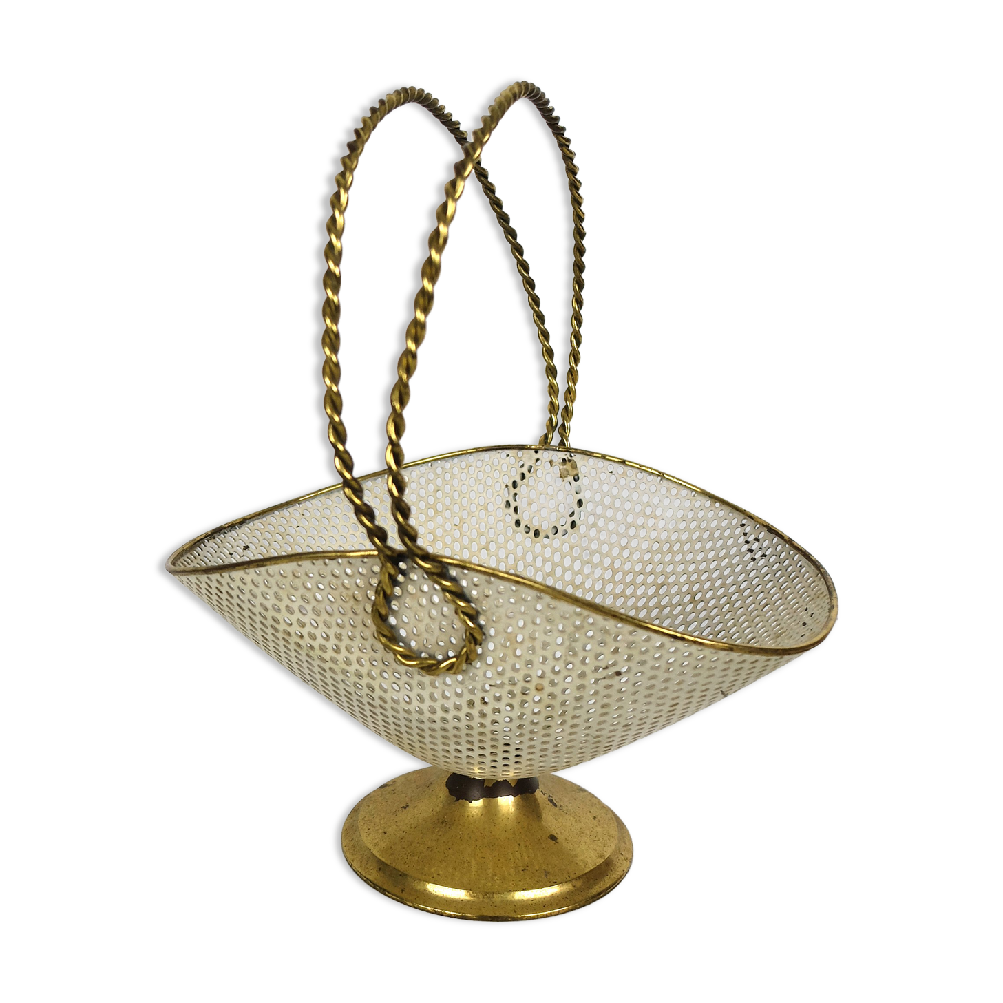 White and gold basket in perforated sheet metal & brass years 1950-60