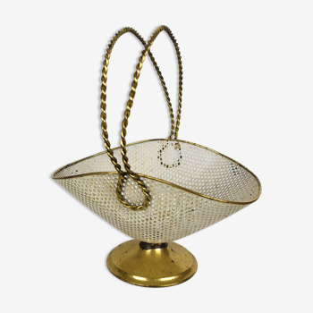 White and gold basket in perforated sheet metal & brass years 1950-60