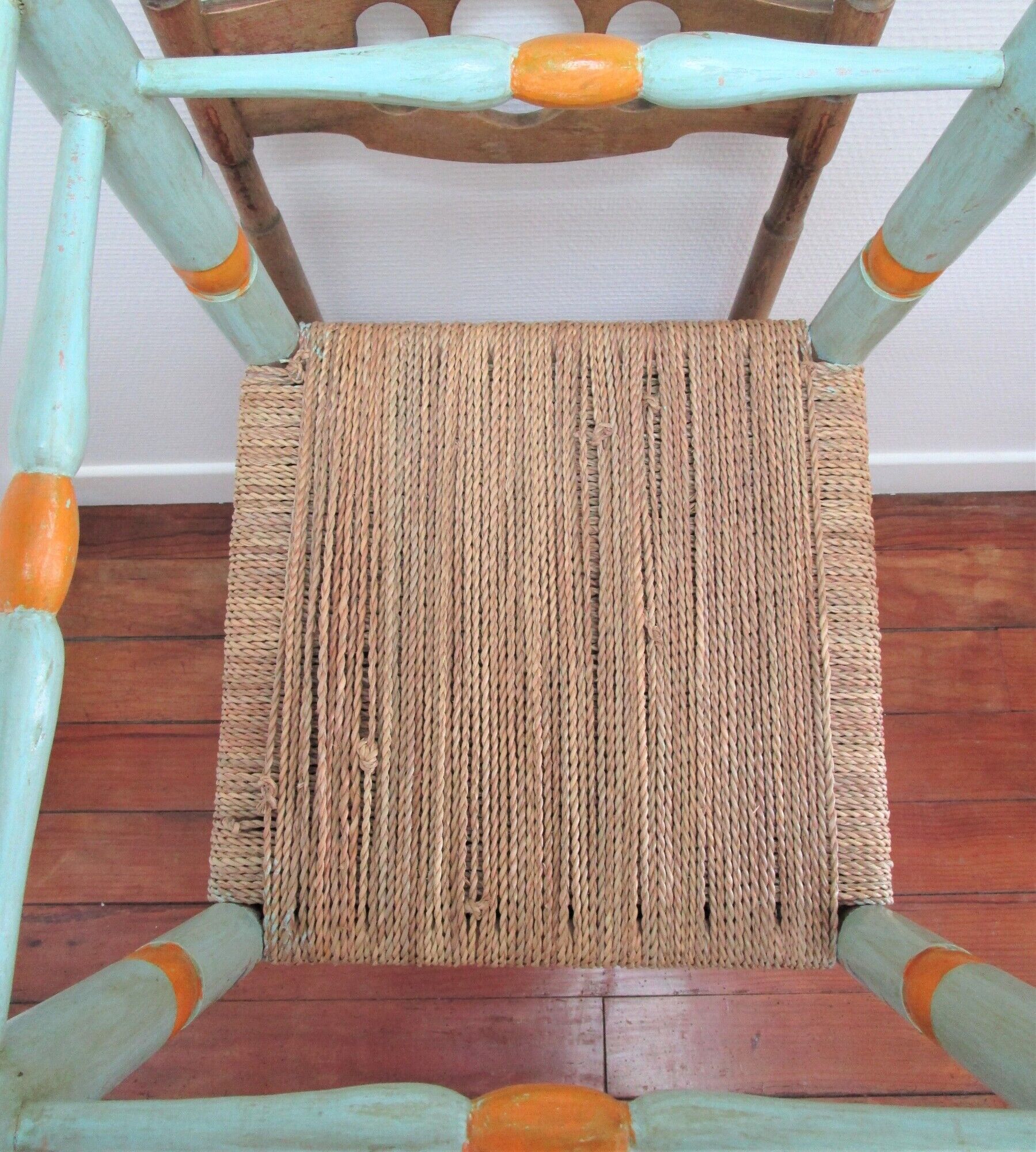 Two chairs patinated polka dots and painted wood folk art seat vintage straw