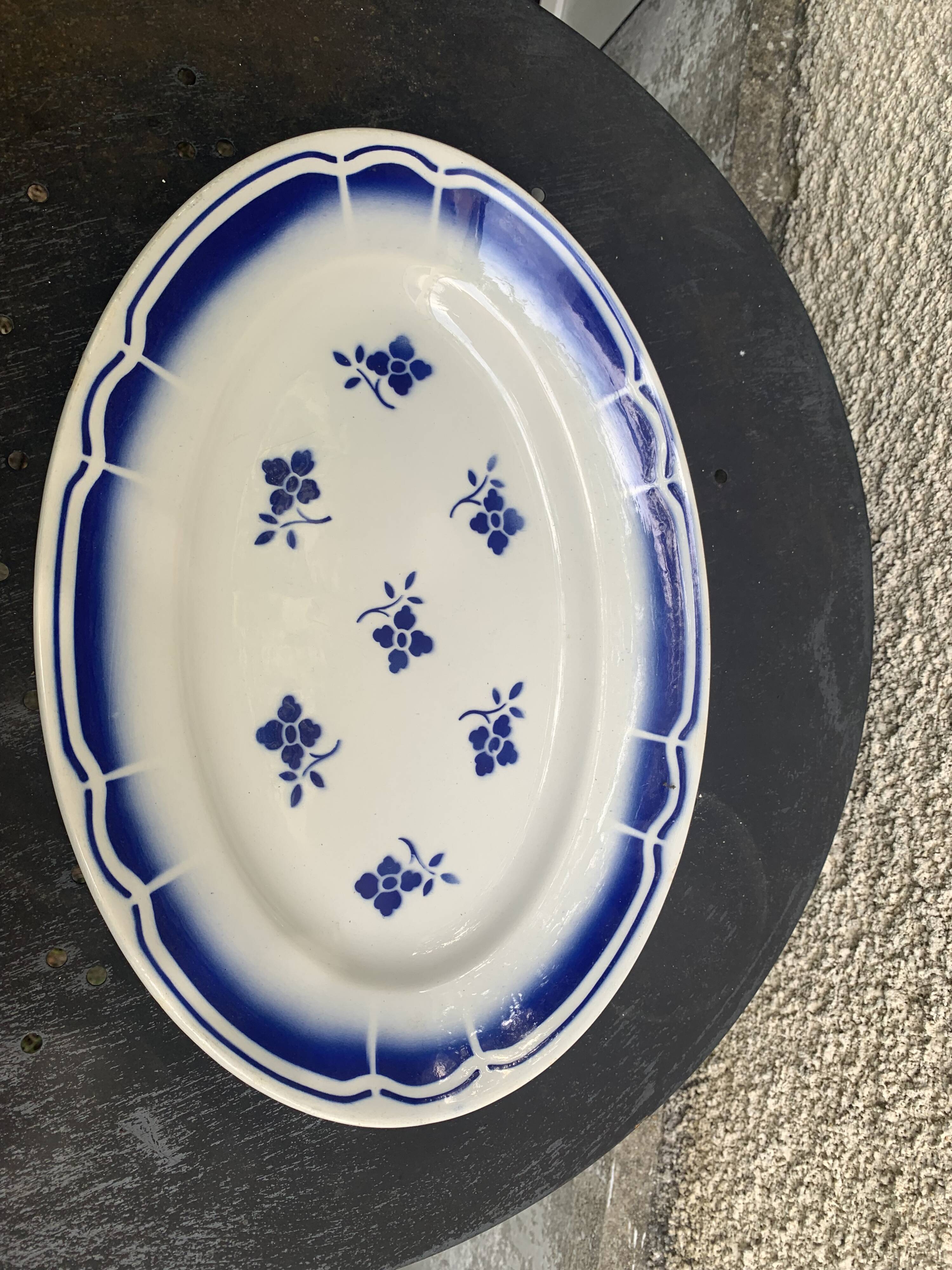 Art Deco earthenware blue flower serving dish