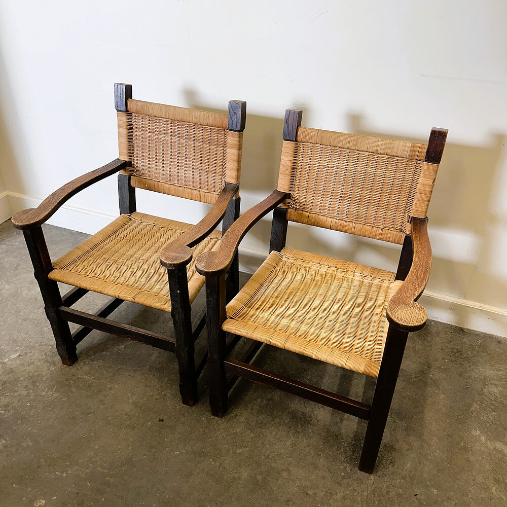 Pair of custom made oak and rattan armchairs, France, 1940s