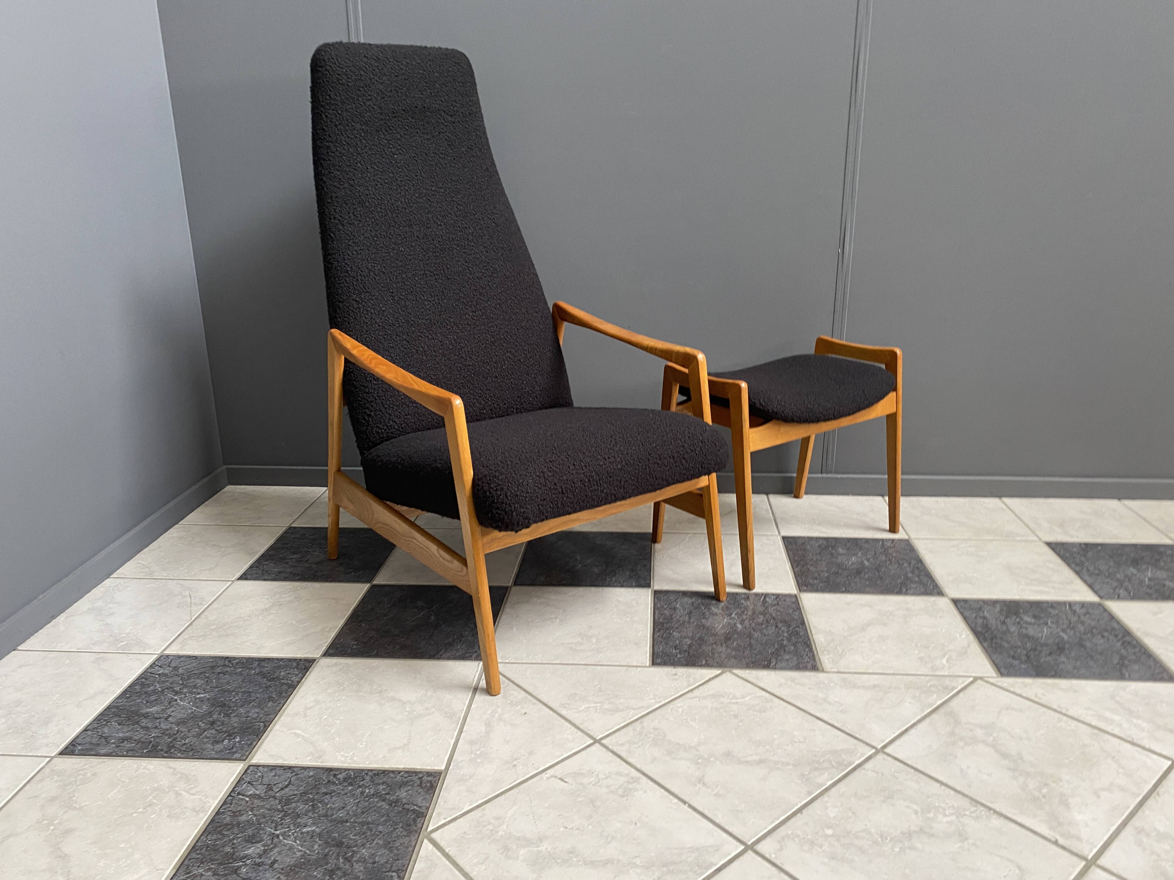 Highback chair with ottoman in black boucle