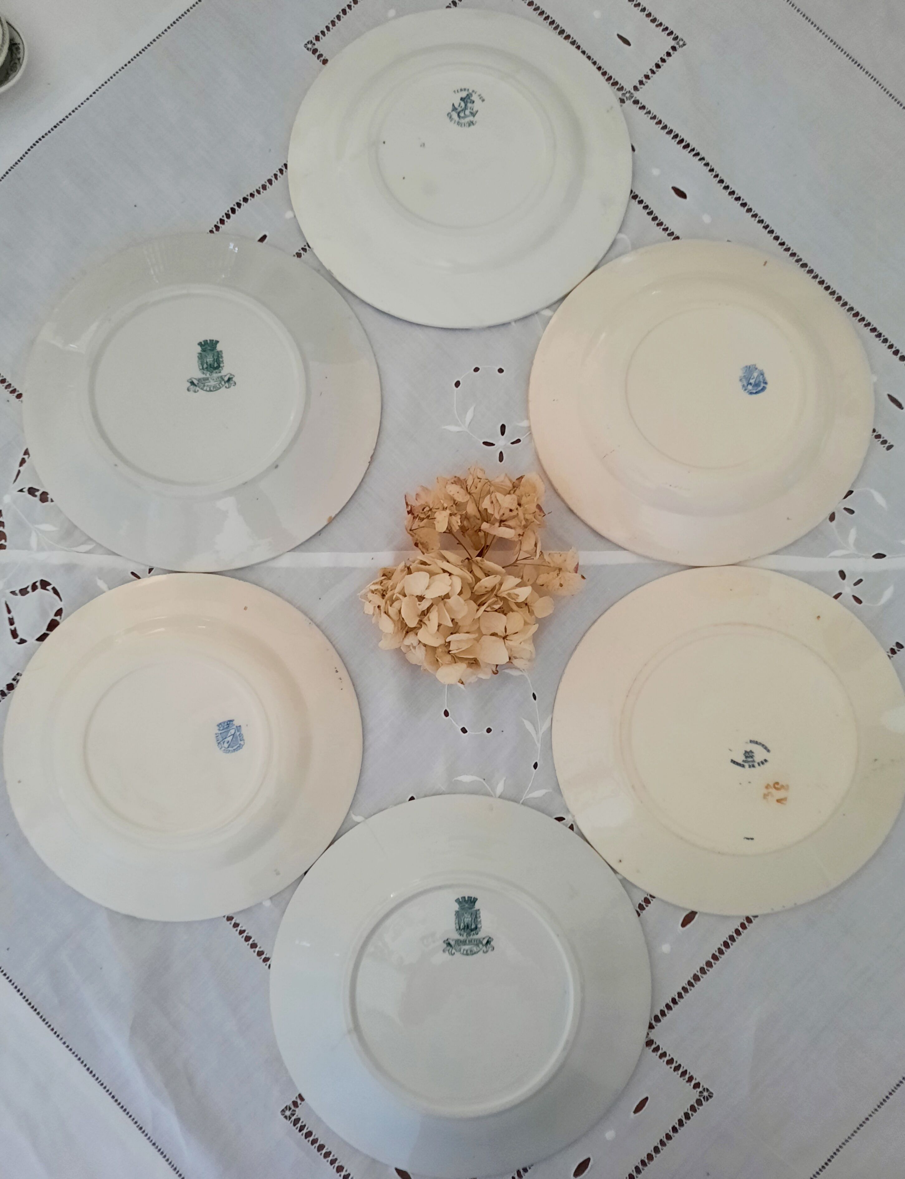 6 old flat plates mismatched iron earth