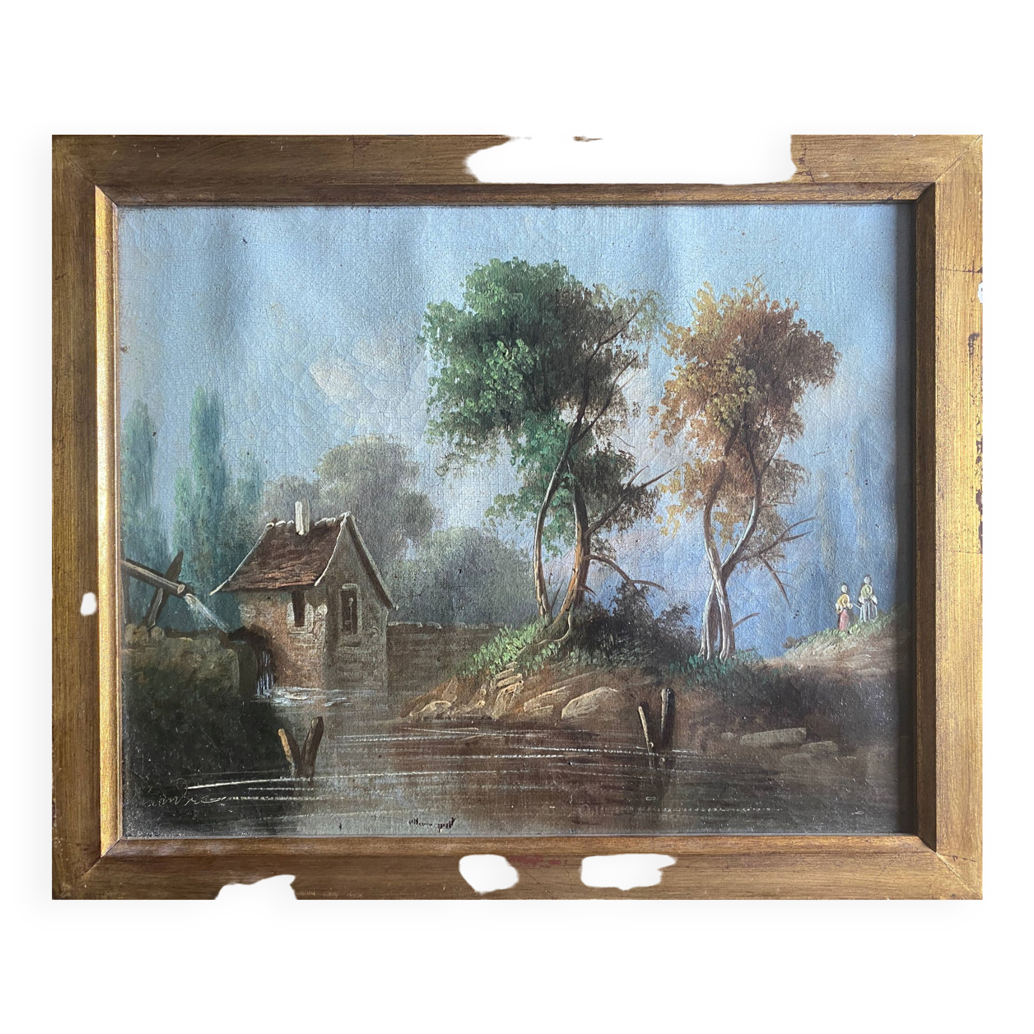 HST/P painting "Animated Barbizon landscape at the river" signed to be restored 19th century