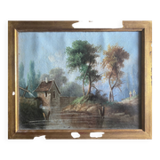 HST/P painting "Animated Barbizon landscape at the river" signed to be restored 19th century