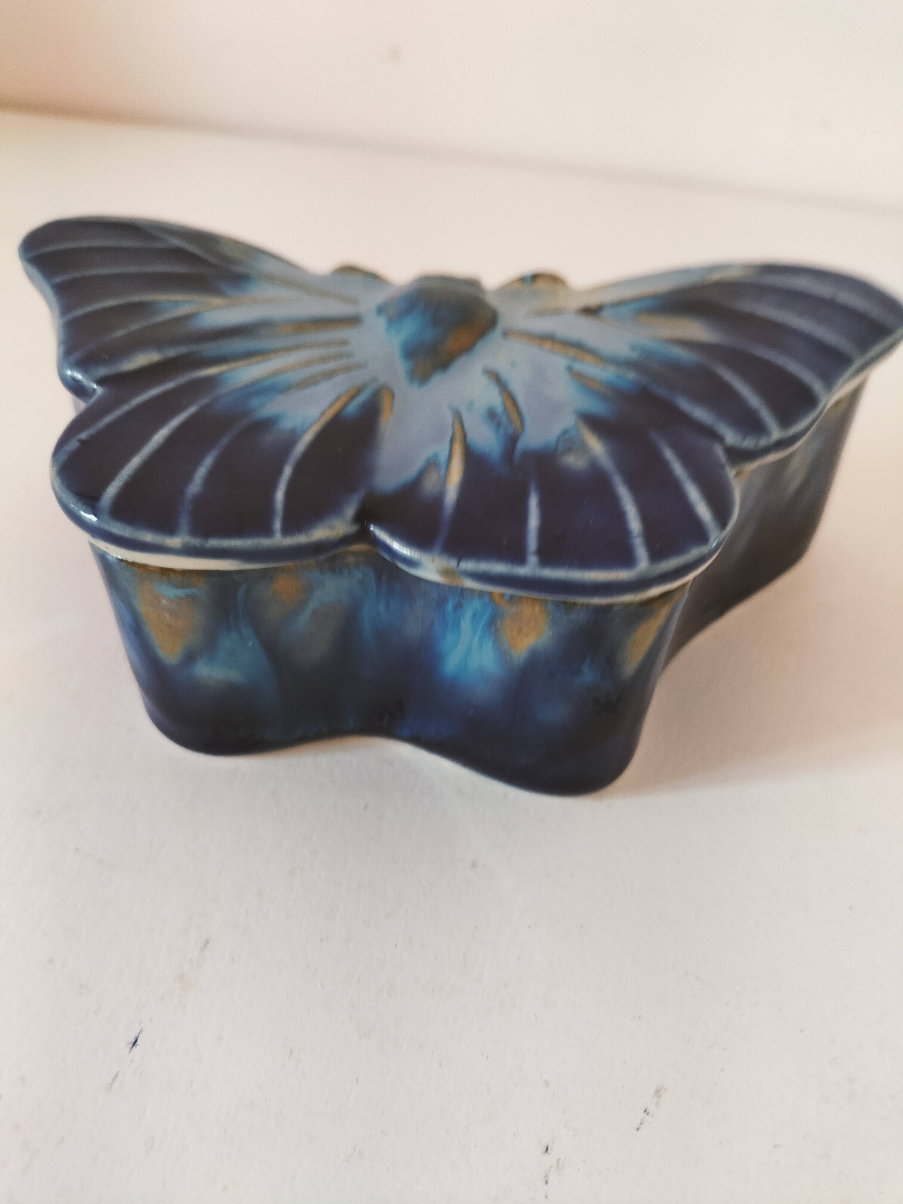 Vintage blue enameled ceramic butterfly box signed alpho